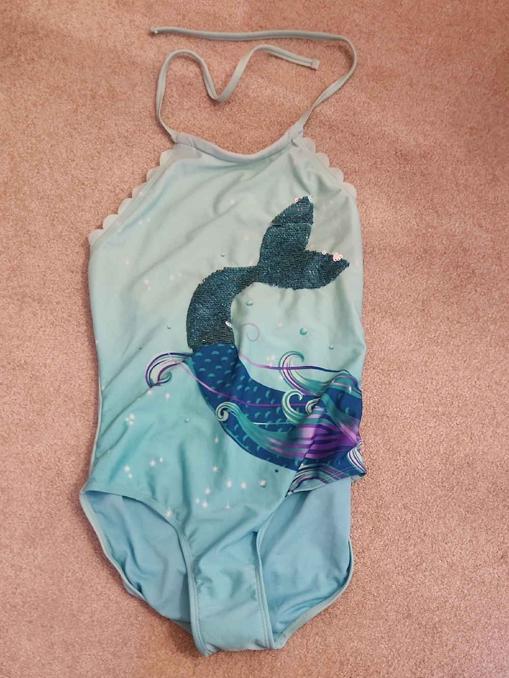 Cat And Jack Girls Light Blue Mermaid Sequin One-Piece Swimsuit